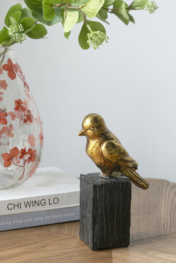 English Elm 4.5X2.5X7.5" Gold Resin Songbird Sculpture On Black Branch - Elegant Accent For Modern Interiors W2078P406941