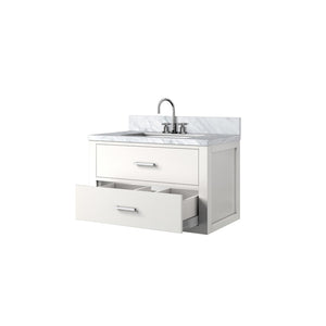 English Elm White Elegant Single Bath Vanity With Carrara Marble Top, Chrome Faucet & Soft-Close Drawers B2731P257943-GIGA