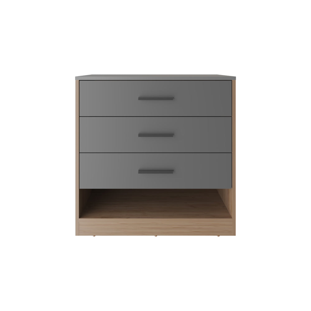 English Elm Alder 27" High Three Drawer Dresser with Open Shelf, Matte Gray & Natural Oak Two-Tone Storage Piece B200P335318