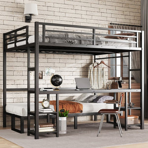 English Elm Queen Metal Bunk Bed With Desk & Usb, Versatile Loft Design Folds To Sofa, Led Lighting, Black W1580S00086-GIGA