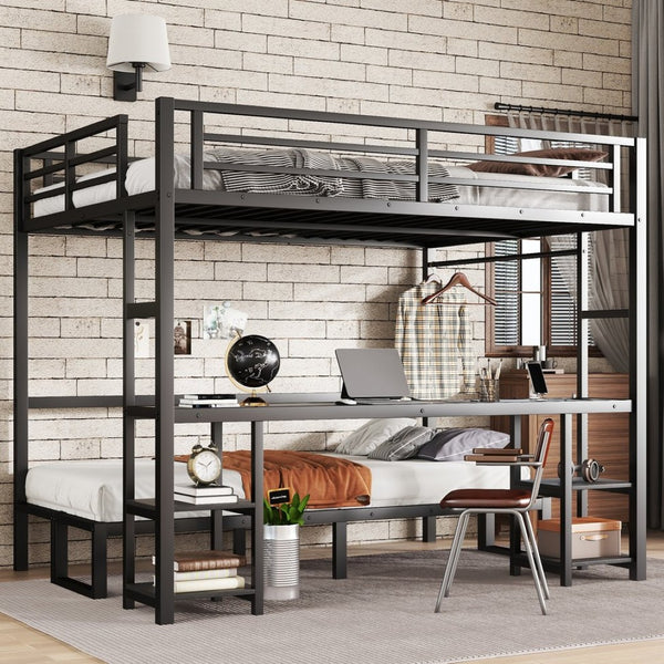 English Elm Queen Metal Bunk Bed With Desk & Usb, Versatile Loft Design Folds To Sofa, Led Lighting, Black W1580S00086-GIGA