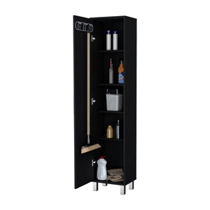 English Elm Lawen Slim Tall Storage Cabinet with Single Door, 3 Broom Hangers, White Wood Finish, Stylish Legs B128P203050