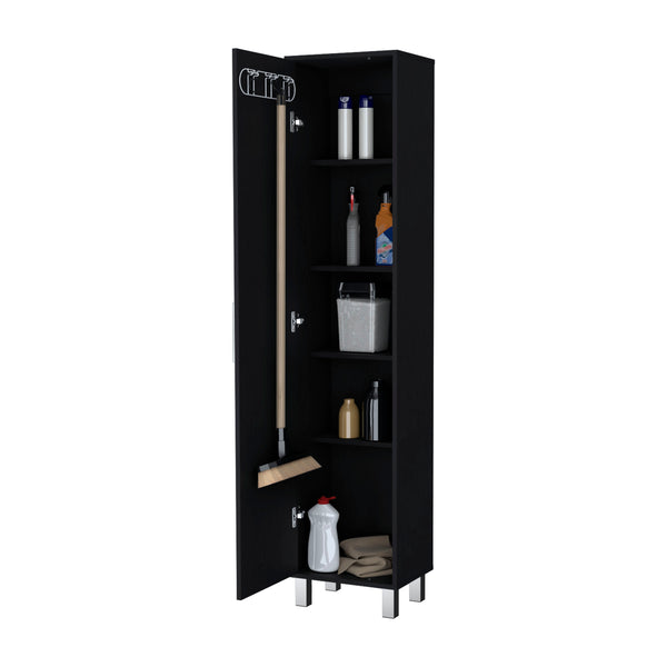 English Elm Lawen Slim Tall Storage Cabinet with Single Door, 3 Broom Hangers, White Wood Finish, Stylish Legs B128P203050