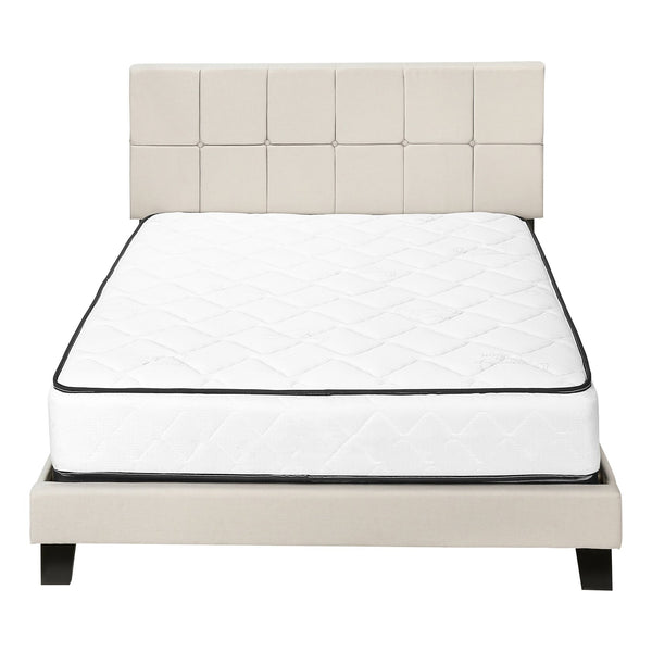 English Elm Bed, Queen Size Upholstered Beige Linen Look Platform Bed with Tufted Headboard & Black Wood Legs B2710P219505
