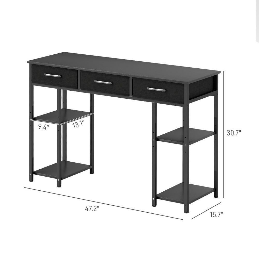 English Elm Writing Desk with Shelving Tower and Fabric Drawers for Compact Home Office Use T3971P411668