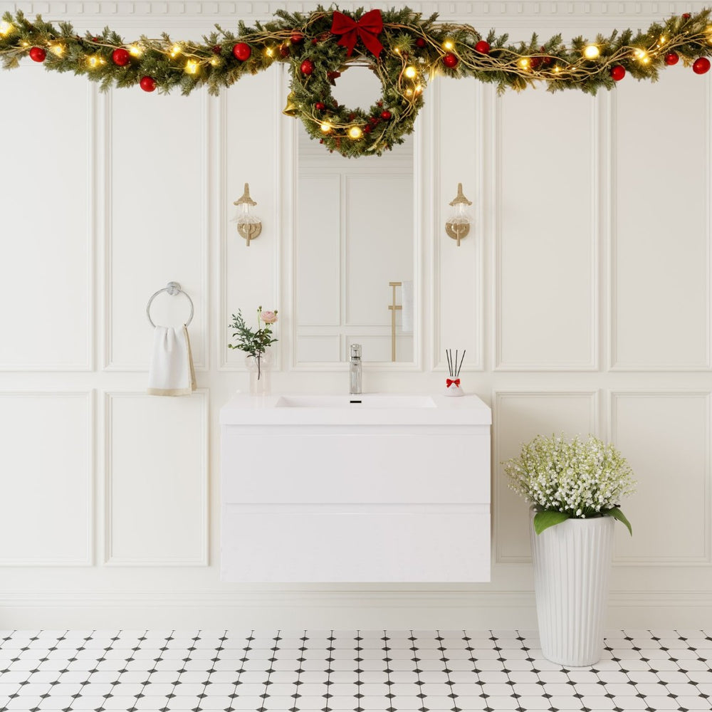 English Elm Floating Wall Mounted Vanity with Integrated Resin Sink Soft Close Drawers Glossy White W1573S00085