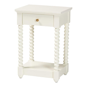 Baxton Studio Baxton Studio Terentia Nightstand - Elegant Mid-Century Side Table with Storage and Bobbin Legs White KL-1757-1 DRW-White/Wooden-NS