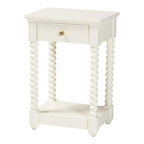 Baxton Studio Baxton Studio Terentia Nightstand - Elegant Mid-Century Side Table with Storage and Bobbin Legs White KL-1757-1 DRW-White/Wooden-NS
