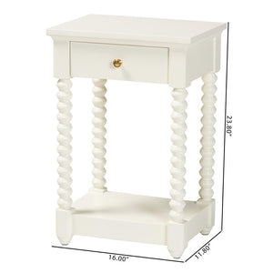 Baxton Studio Baxton Studio Terentia Nightstand - Elegant Mid-Century Side Table with Storage and Bobbin Legs White KL-1757-1 DRW-White/Wooden-NS