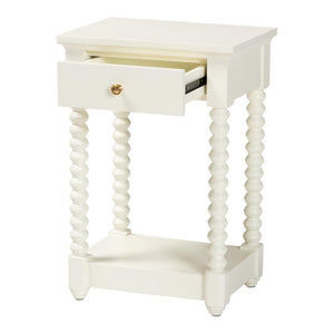 Baxton Studio Baxton Studio Terentia Nightstand - Elegant Mid-Century Side Table with Storage and Bobbin Legs White KL-1757-1 DRW-White/Wooden-NS
