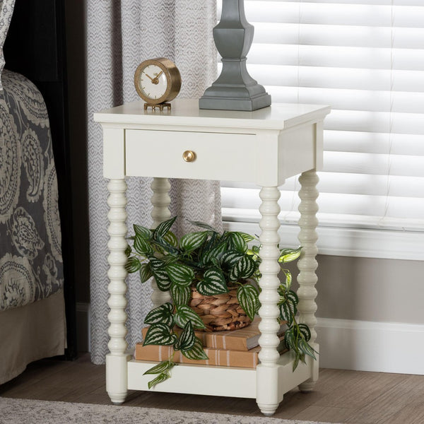 Baxton Studio Baxton Studio Terentia Nightstand - Elegant Mid-Century Side Table with Storage and Bobbin Legs White KL-1757-1 DRW-White/Wooden-NS