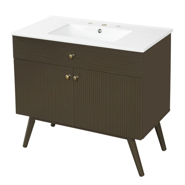 English Elm 36" Freestanding Bathroom Vanity Striped Mdf Cabinet Brass Hardware Ceramic Basin N765P387198D