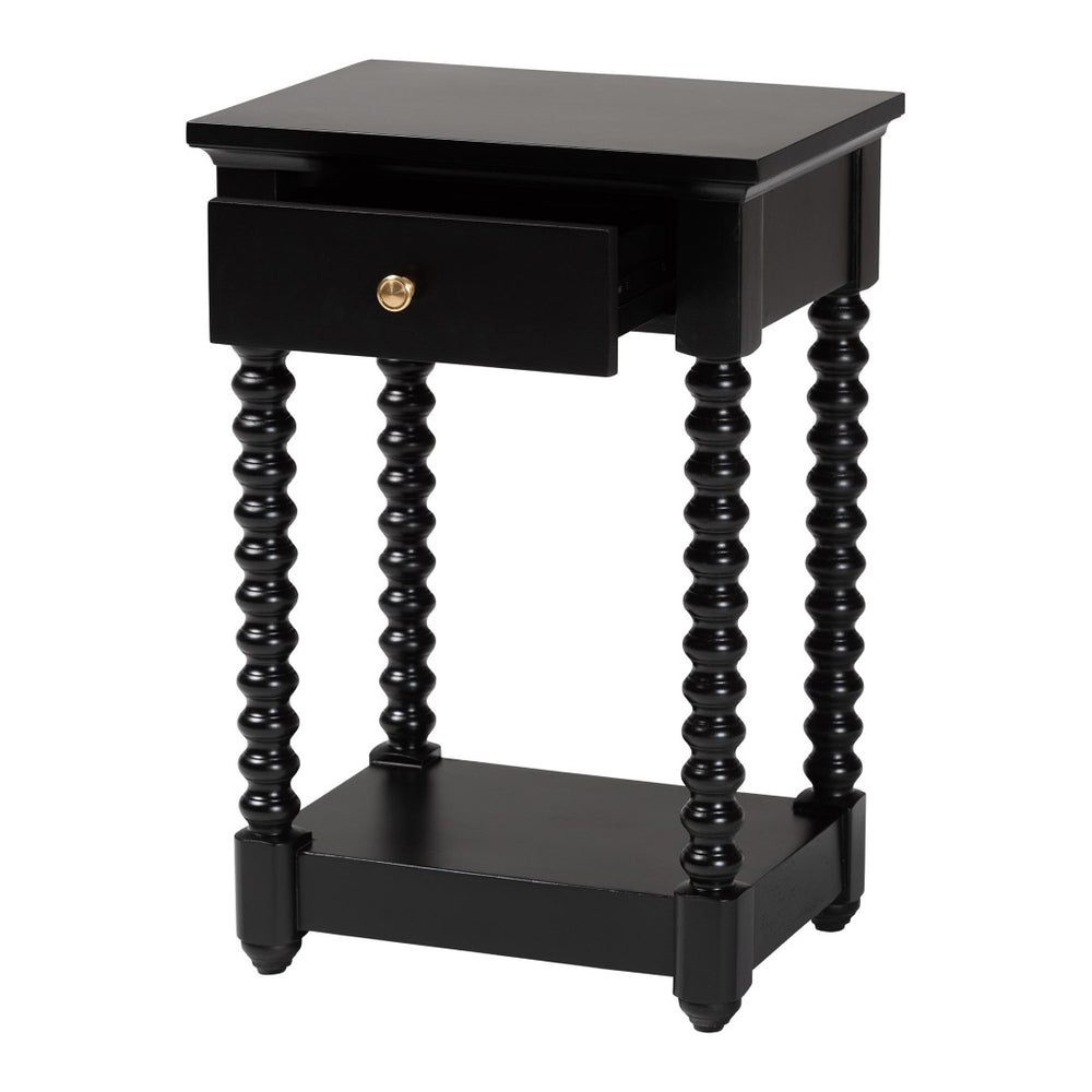 Baxton Studio Baxton Studio Terentia Nightstand - Elegant Mid-Century Side Table with Storage and Bobbin Legs Black KL-1757-1 DRW-Black/Wooden-NS