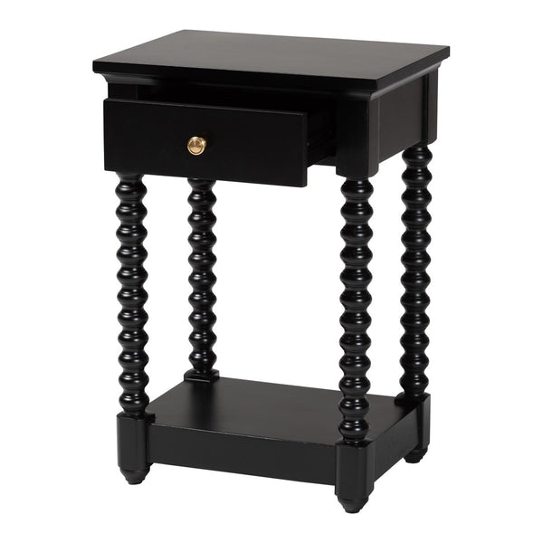 Baxton Studio Baxton Studio Terentia Nightstand - Elegant Mid-Century Side Table with Storage and Bobbin Legs Black KL-1757-1 DRW-Black/Wooden-NS