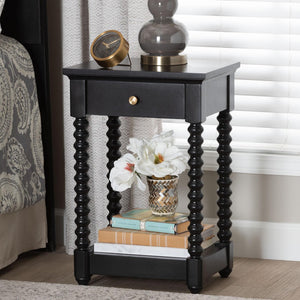 Baxton Studio Baxton Studio Terentia Nightstand - Elegant Mid-Century Side Table with Storage and Bobbin Legs Black KL-1757-1 DRW-Black/Wooden-NS