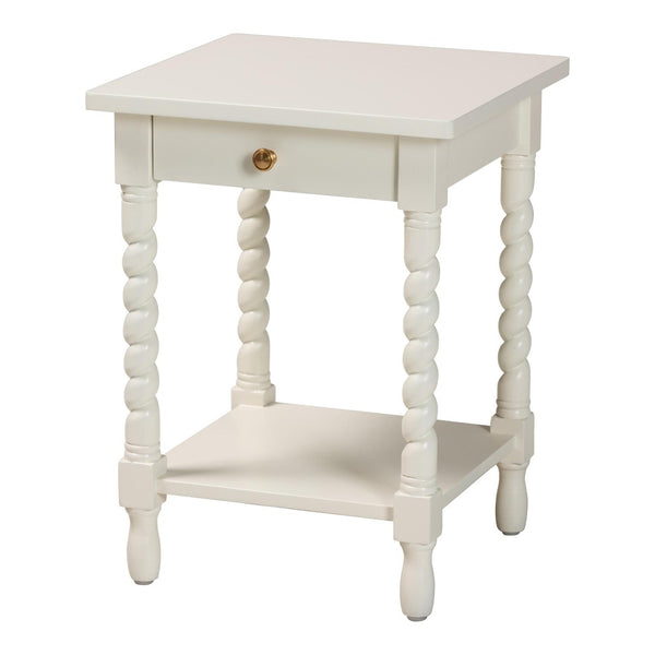 Baxton Studio Baxton Studio Niklas Nightstand - Elegant Twisted Legs, Storage Drawer & Open Shelf for Bedrooms White KL-1734-Niklas-White/Wooden-NS