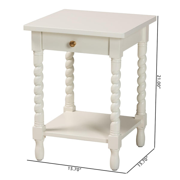 Baxton Studio Baxton Studio Niklas Nightstand - Elegant Twisted Legs, Storage Drawer & Open Shelf for Bedrooms White KL-1734-Niklas-White/Wooden-NS
