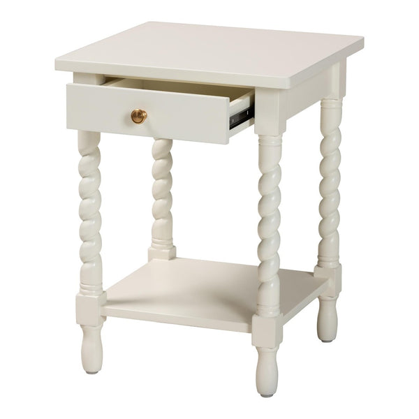 Baxton Studio Baxton Studio Niklas Nightstand - Elegant Twisted Legs, Storage Drawer & Open Shelf for Bedrooms White KL-1734-Niklas-White/Wooden-NS