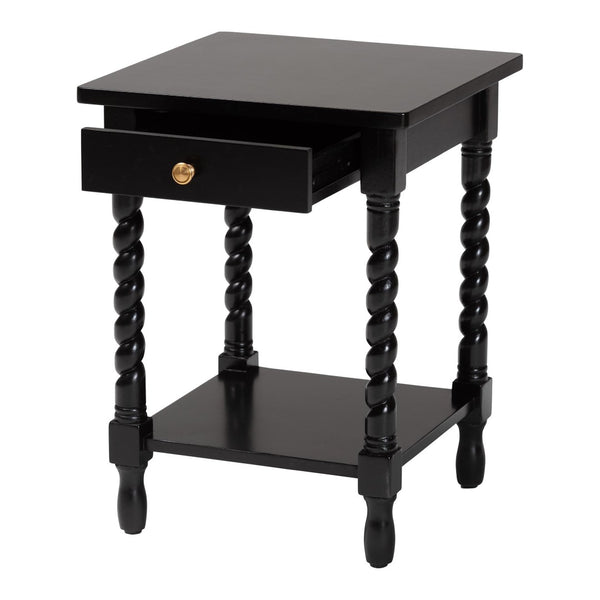 Baxton Studio Baxton Studio Niklas Nightstand - Elegant Twisted Legs, Storage Drawer & Open Shelf for Bedrooms Black KL-1734-Niklas-Black/Wooden-NS