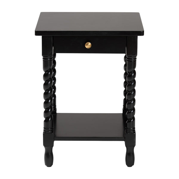 Baxton Studio Baxton Studio Niklas Nightstand - Elegant Twisted Legs, Storage Drawer & Open Shelf for Bedrooms Black KL-1734-Niklas-Black/Wooden-NS