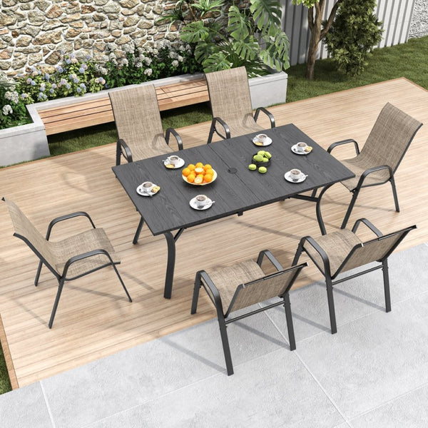English Elm 6-piece Outdoor Dining Chair Set Ergonomic Teslin Fabric Powder Coated Metal Patio Seating Brown+Black W3979P392986