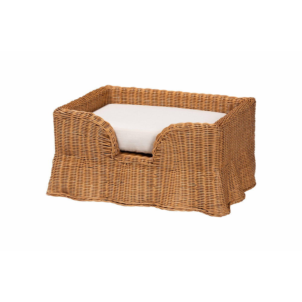 Baxton Studio Bali Belita Handwoven Natural Rattan Pet Bed With Scalloped Base And Removable Plush Cushion Light Honey DC1121-Natural Rattan-Cushion-Sm-Pet Bed