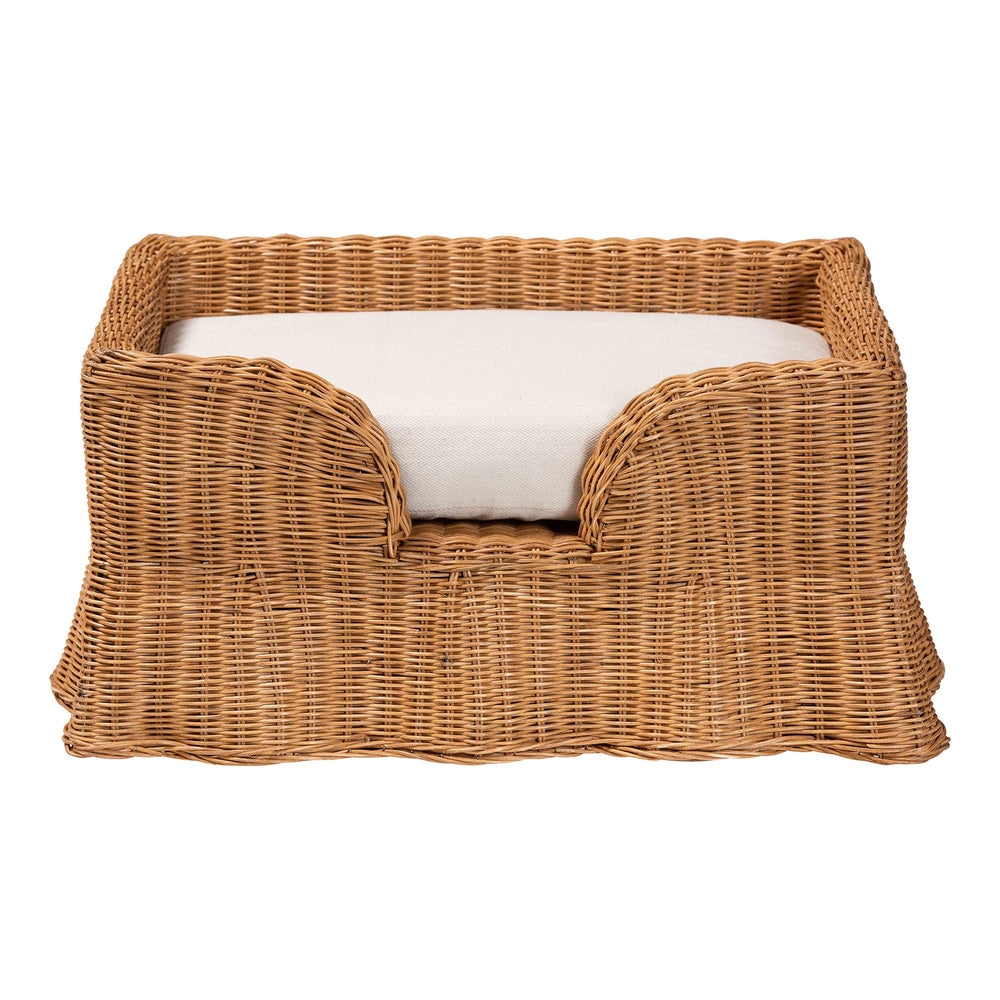 Baxton Studio Bali Belita Handwoven Natural Rattan Pet Bed With Scalloped Base And Removable Plush Cushion Light Honey DC1121-Natural Rattan-Cushion-Sm-Pet Bed
