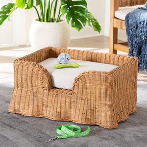 Baxton Studio Bali Belita Handwoven Natural Rattan Pet Bed With Scalloped Base And Removable Plush Cushion Light Honey DC1121-Natural Rattan-Cushion-Sm-Pet Bed
