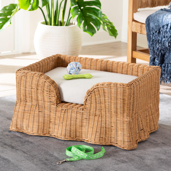 Baxton Studio Bali Belita Handwoven Natural Rattan Pet Bed With Scalloped Base And Removable Plush Cushion Light Honey DC1121-Natural Rattan-Cushion-Sm-Pet Bed