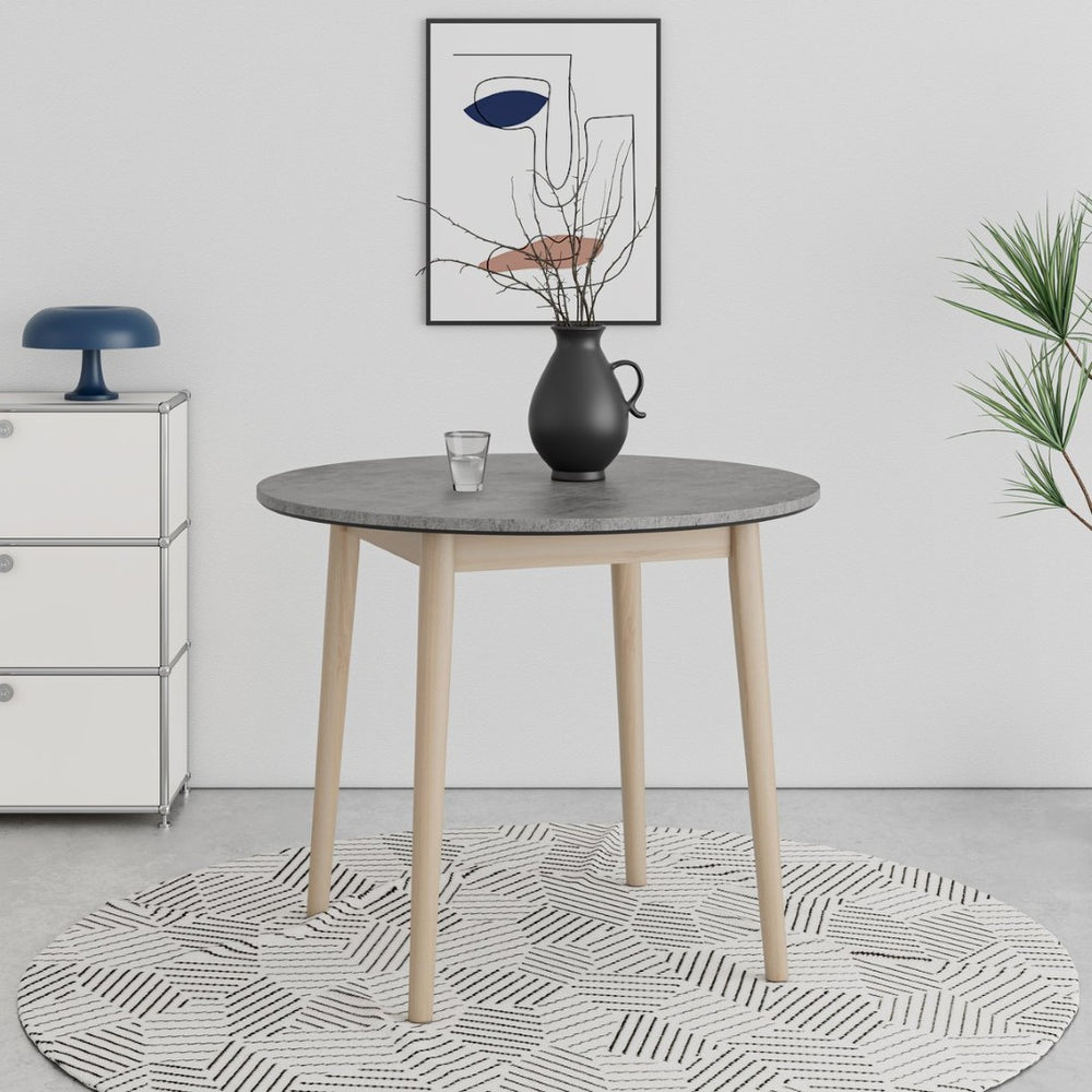 English Elm Studio Round Cement Gray Dining Table with Whitewashed Solid Wood Legs for Small Spaces B127P495089