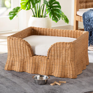 Baxton Studio Bali Belita Natural Rattan Pet Bed - Handwoven Boho-Coastal Enclosed Lounge With Cushion 30" Light Honey DC1121-Natural Rattan-Lg-Cushion-Pet Bed