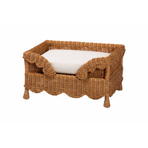 Baxton Studio Bali Papina Natural Rattan Pet Bed With Scalloped Sides, Handwoven Boho Lounge With Cushion Light Honey DC1122-Natural Rattan-Sm-Cushion-Pet Bed