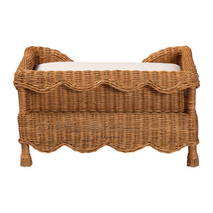 Baxton Studio Bali Papina Natural Rattan Pet Bed With Scalloped Sides, Handwoven Boho Lounge With Cushion Light Honey DC1122-Natural Rattan-Sm-Cushion-Pet Bed