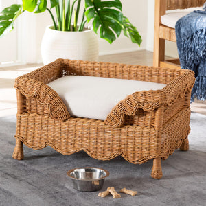 Baxton Studio Bali Papina Natural Rattan Pet Bed With Scalloped Sides, Handwoven Boho Lounge With Cushion Light Honey DC1122-Natural Rattan-Sm-Cushion-Pet Bed