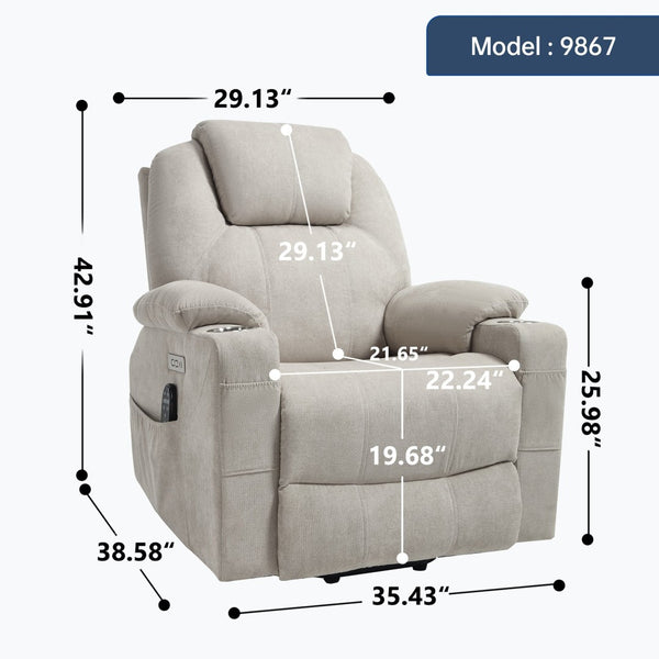 English Elm Up to 350 Lbs Chenille Power Lift Recliner with Massage Heating and Usb Charging Ports Beige W3224S00027