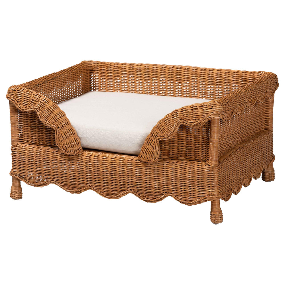 Baxton Studio Bali Papina Natural Rattan Pet Bed With Scalloped Sides, Handwoven Boho-Coastal Lounge W/ Cushion Light Honey DC1122-Natural Rattan-Lg-Cushion-Pet Bed