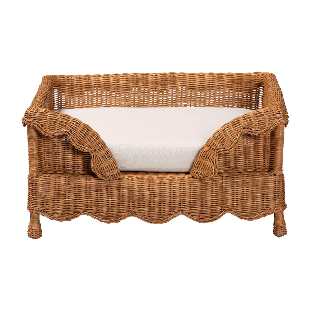 Baxton Studio Bali Papina Natural Rattan Pet Bed With Scalloped Sides, Handwoven Boho-Coastal Lounge W/ Cushion Light Honey DC1122-Natural Rattan-Lg-Cushion-Pet Bed