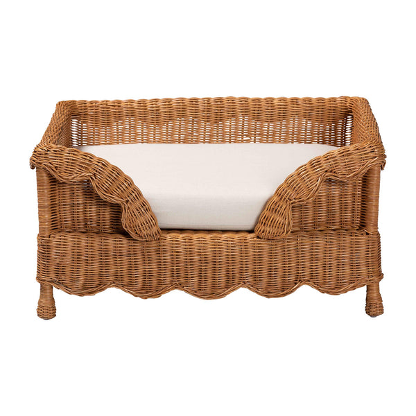 Baxton Studio Bali Papina Natural Rattan Pet Bed With Scalloped Sides, Handwoven Boho-Coastal Lounge W/ Cushion Light Honey DC1122-Natural Rattan-Lg-Cushion-Pet Bed