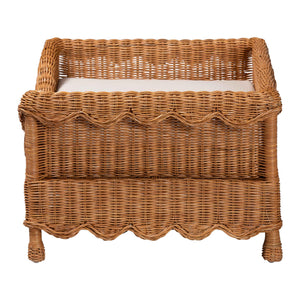 Baxton Studio Bali Papina Natural Rattan Pet Bed With Scalloped Sides, Handwoven Boho-Coastal Lounge W/ Cushion Light Honey DC1122-Natural Rattan-Lg-Cushion-Pet Bed