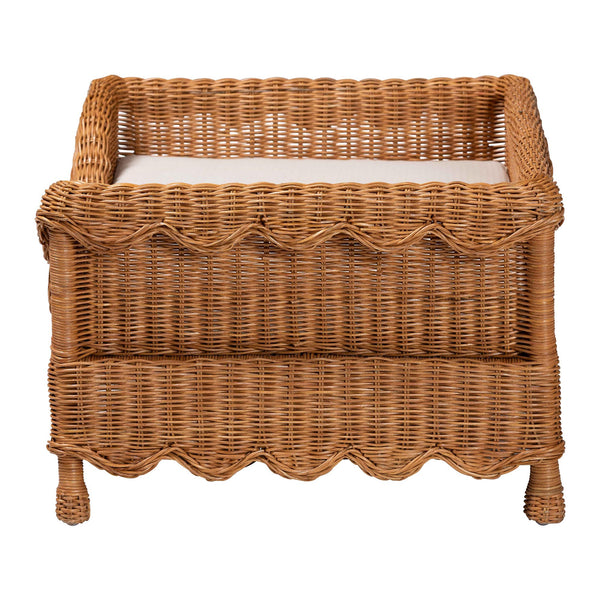 Baxton Studio Bali Papina Natural Rattan Pet Bed With Scalloped Sides, Handwoven Boho-Coastal Lounge W/ Cushion Light Honey DC1122-Natural Rattan-Lg-Cushion-Pet Bed