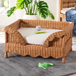 Baxton Studio Bali Papina Natural Rattan Pet Bed With Scalloped Sides, Handwoven Boho-Coastal Lounge W/ Cushion Light Honey DC1122-Natural Rattan-Lg-Cushion-Pet Bed