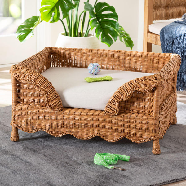Baxton Studio Bali Papina Natural Rattan Pet Bed With Scalloped Sides, Handwoven Boho-Coastal Lounge W/ Cushion Light Honey DC1122-Natural Rattan-Lg-Cushion-Pet Bed