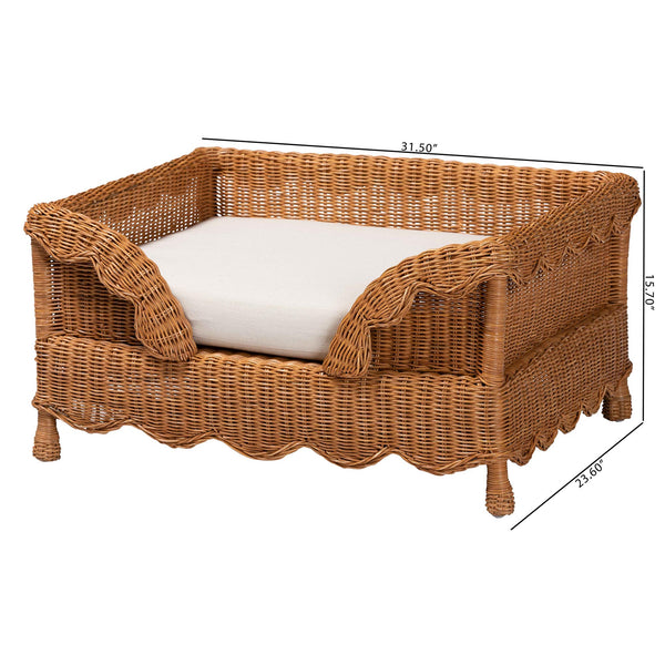 Baxton Studio Bali Papina Natural Rattan Pet Bed With Scalloped Sides, Handwoven Boho-Coastal Lounge W/ Cushion Light Honey DC1122-Natural Rattan-Lg-Cushion-Pet Bed