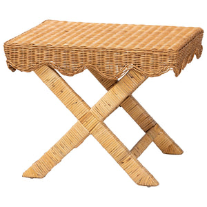 Baxton Studio Bali Modesta Natural Rattan Bench - Handwoven Teak Frame, Scalloped Apron & X-Frame Coastal Boho Seating DC9050 Mod-Natural Rattan-Bench