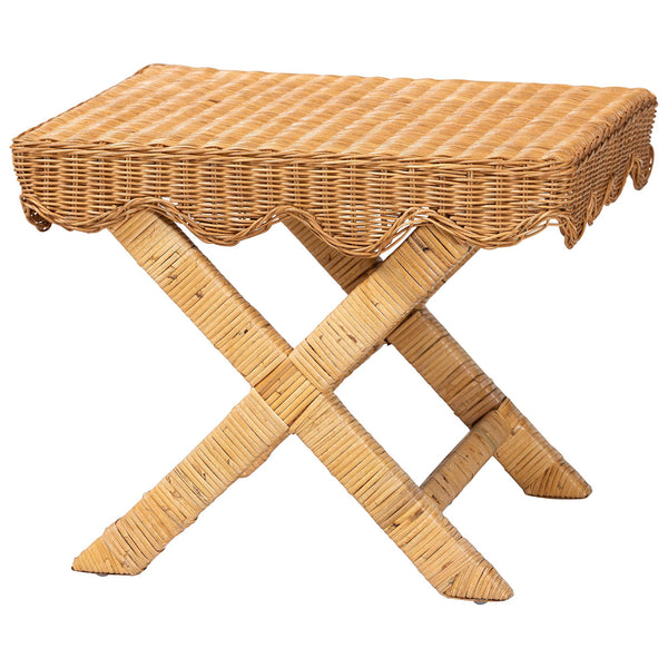 Baxton Studio Bali Modesta Natural Rattan Bench - Handwoven Teak Frame, Scalloped Apron & X-Frame Coastal Boho Seating DC9050 Mod-Natural Rattan-Bench