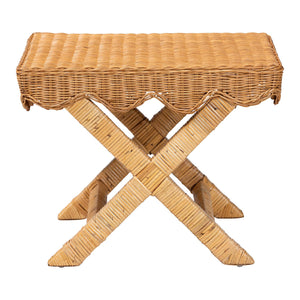 Baxton Studio Bali Modesta Natural Rattan Bench - Handwoven Teak Frame, Scalloped Apron & X-Frame Coastal Boho Seating DC9050 Mod-Natural Rattan-Bench