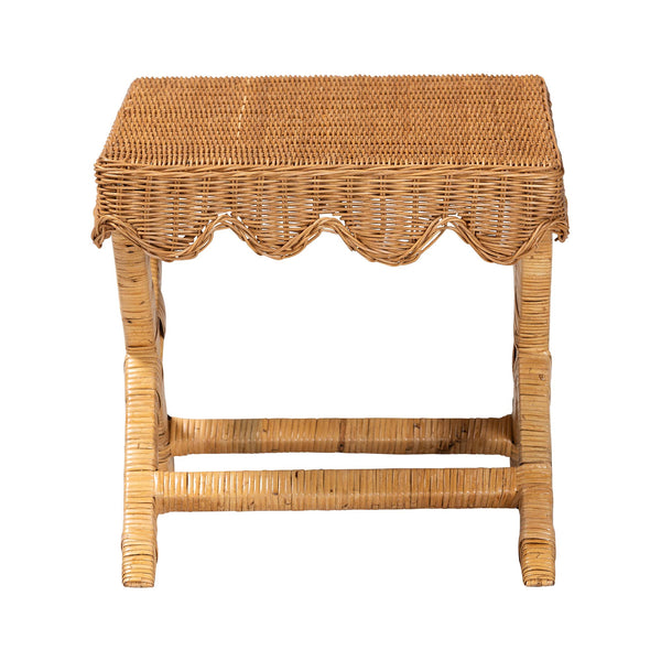Baxton Studio Bali Modesta Natural Rattan Bench - Handwoven Teak Frame, Scalloped Apron & X-Frame Coastal Boho Seating DC9050 Mod-Natural Rattan-Bench