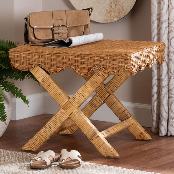 Baxton Studio Bali Modesta Natural Rattan Bench - Handwoven Teak Frame, Scalloped Apron & X-Frame Coastal Boho Seating DC9050 Mod-Natural Rattan-Bench