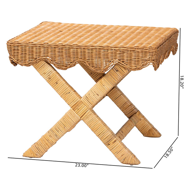 Baxton Studio Bali Modesta Natural Rattan Bench - Handwoven Teak Frame, Scalloped Apron & X-Frame Coastal Boho Seating DC9050 Mod-Natural Rattan-Bench
