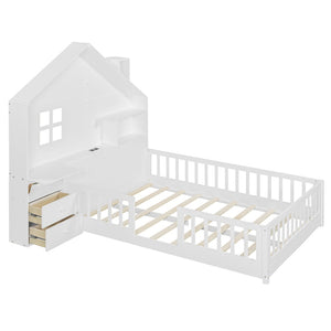 English Elm Full Size House Bed White Wood Frame with Drawers Shelves and Built in Usb Charging LT000423AAK-2